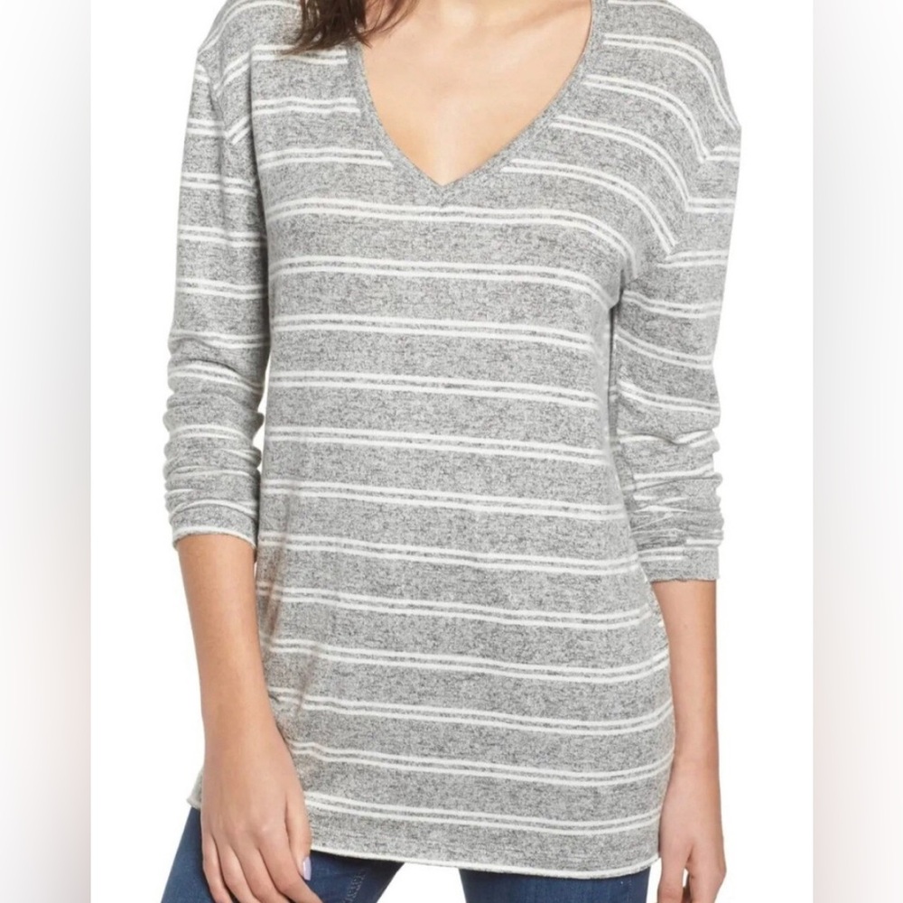 BP Women’s Sweater, Extra Long, Vneck, Women’s Large, Gray & White Stripes, BP - Picture 9 of 9